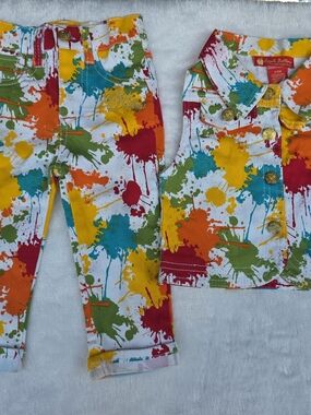 Vintage Apple Bottom Jeans & Vest Set Paint Splatter Colorful Logo Embroidered